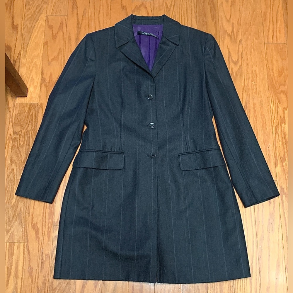 Women's 10 Petite Tahari Purple Lined Grey Wool Blend Striped Blazer Coat Top